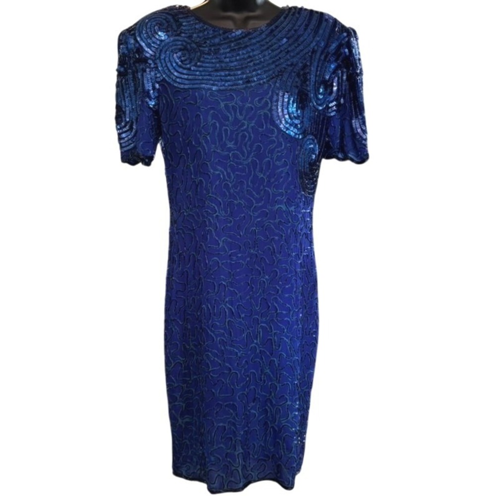 NOS Stenay Vtg 90s Beaded Sequin 100% Silk‎ Dress Sz 6 Blue Art Deco